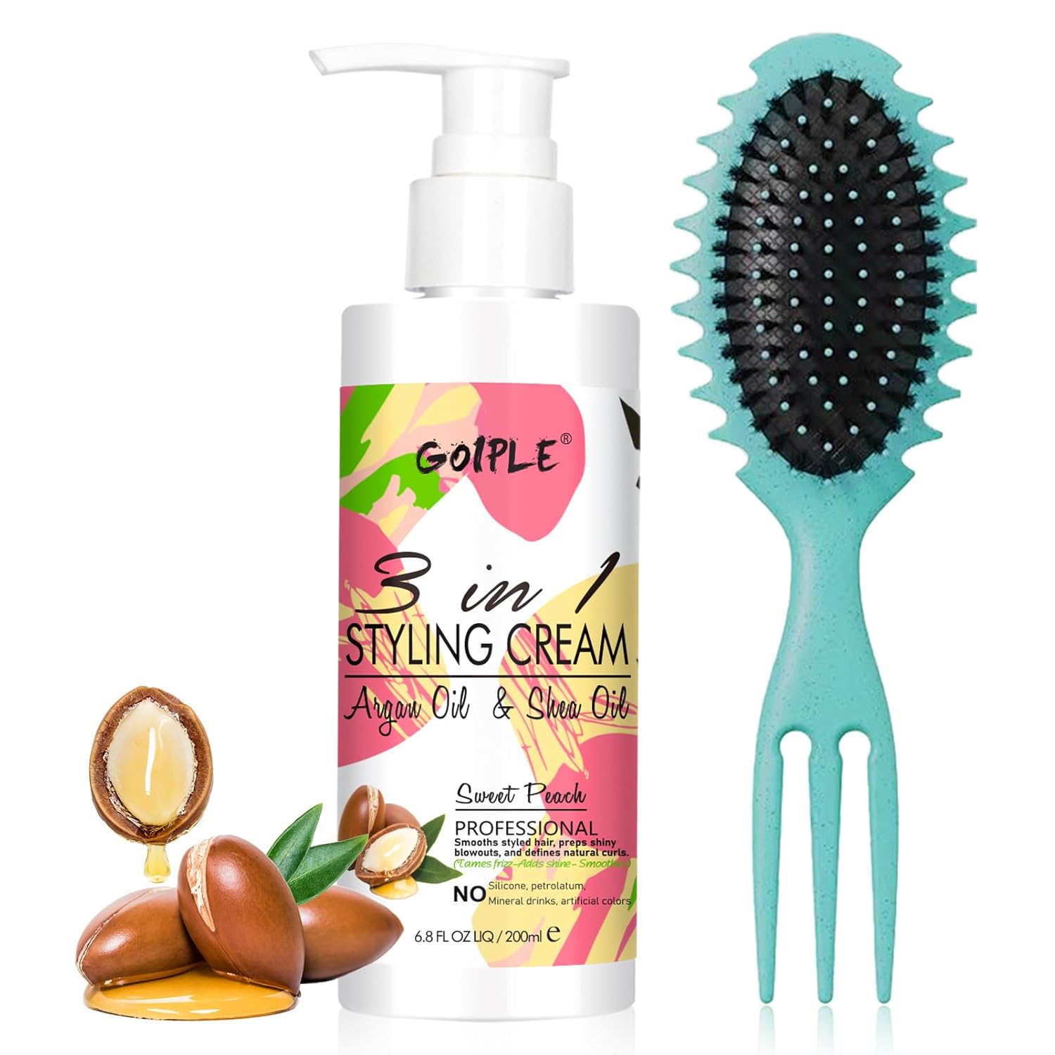 3-In-1 Styling Cream for Flyaways Styling Hair Cream for Frizz Hair- Hair Styling Cream for Slick Back Hair Add Shine Smoothes Anti-Frizz Cream to Define All Hair Types & Curly Brush Trident Handle